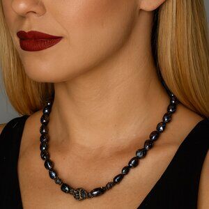 BAROQUE GENUINE FRESHWATER PEARL NECKLACE WITH DARK SILVER-TONED ACCENT BEADS
